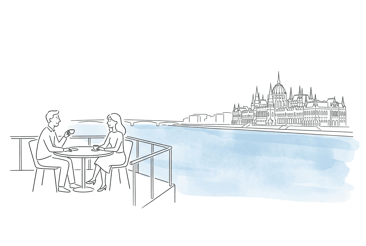 Kávézás a Duna-parton – Parlament a háttérben